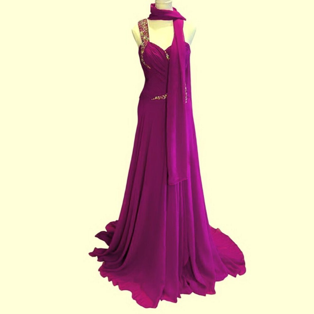 May Queen Violet One Shoulder Embellished Beaded Chiffon Gown
